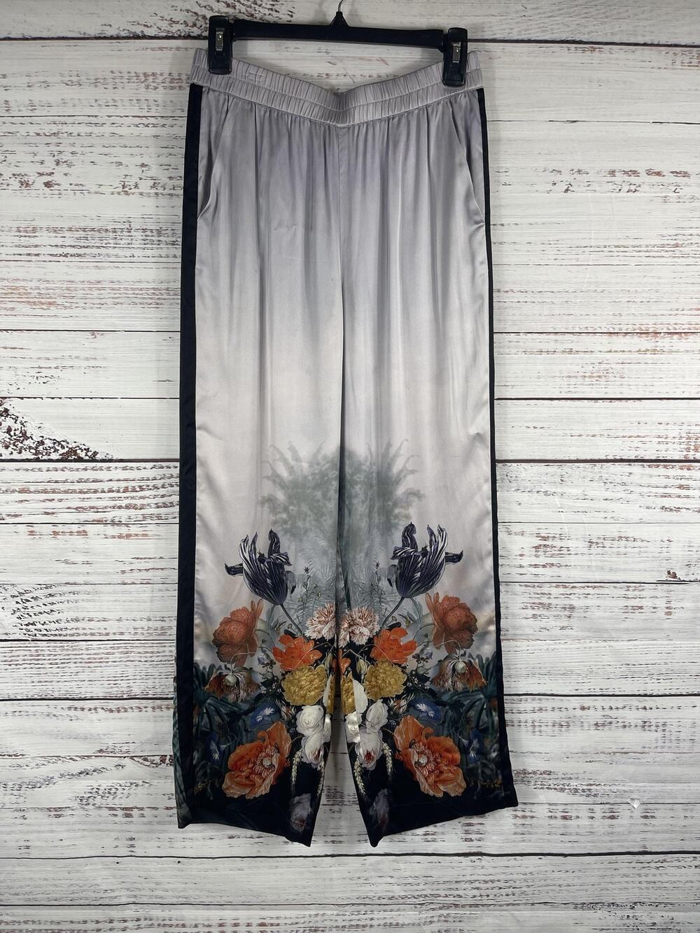 Caballero Pants Womens Size Small Gray Satin Wide Leg Floral Print Elastic Waist